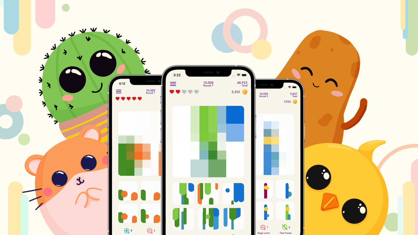 Squarelets on three phones: tap squares to reveal a picture, shown with the Chaos Cookie characters